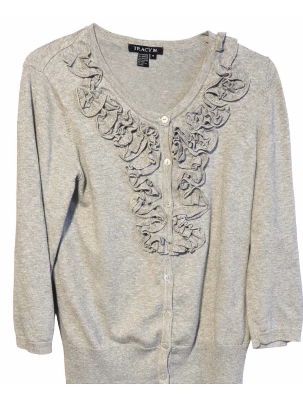 Tracy M Light Gray Ruffle Front Button Cardigan - Picture 1 of 3